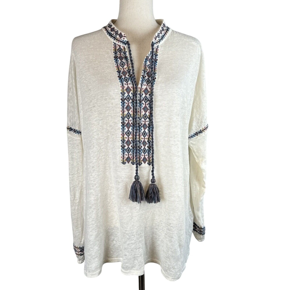 Sundance Gisele Geo Tunic Top Size L Ivory Linen Knit Embroidered Tassel Tie